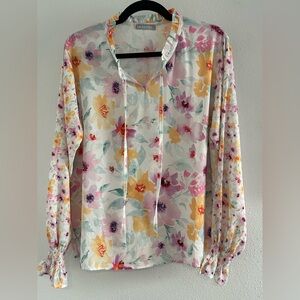 Milan Kiss Floral Tie-Neck Long Sleeve Blouse